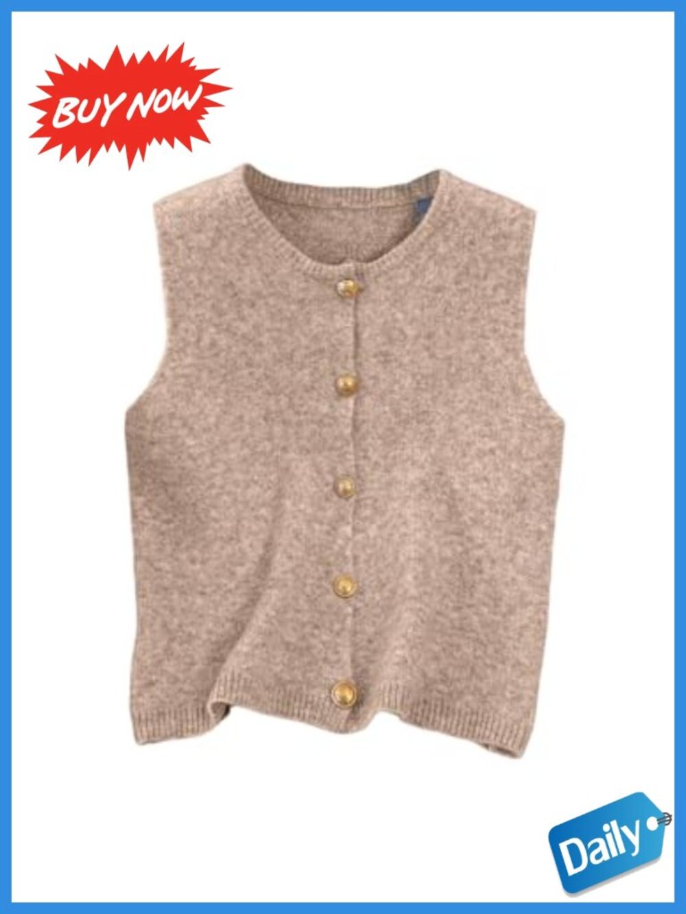 Button Down Knit Sweater Vest Sleeveless Crewneck Women's Layering Top